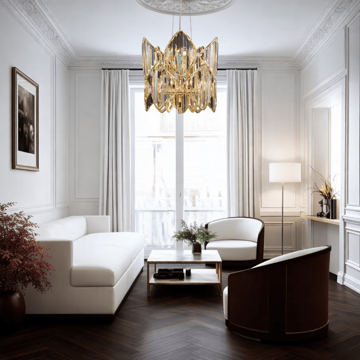 Luxury crystal pendant lighting a refined living room, adding warm gold accents and sculptural elegance.