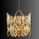 Sculptural luxury crystal pendant chandelier with gold-plated copper frame and layered faceted crystals.