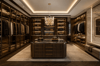 Solaris Azara crystal pendant light in luxury walk-in closet with gold accents and designer cabinetry
