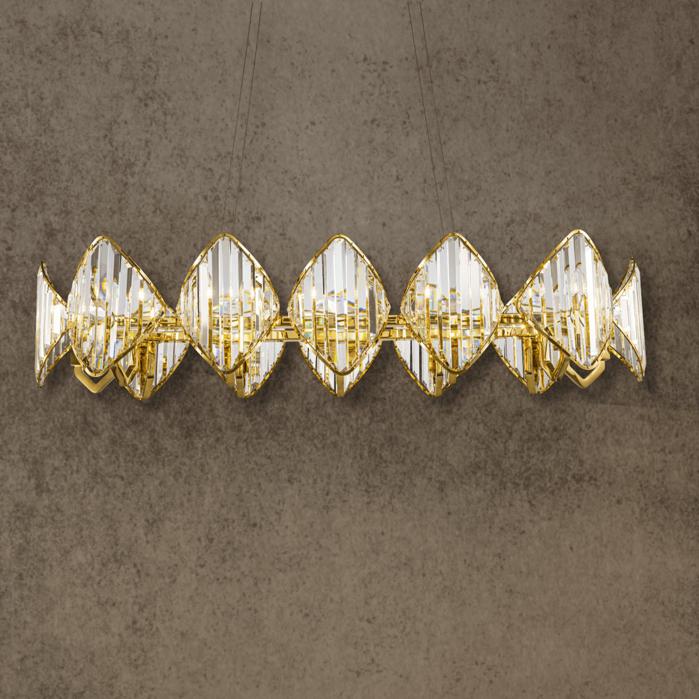 Solaris Cometa crystal linear chandelier in gold-plated copper for statement kitchen islands