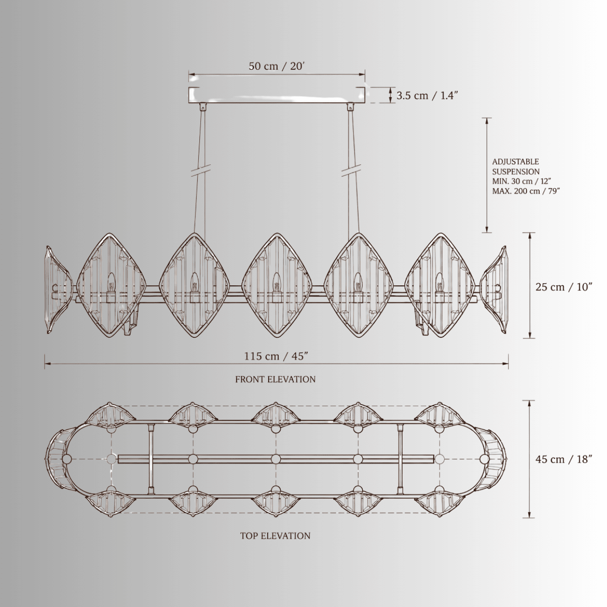 Solaris Cometa linear crystal chandelier CAD drawing with dimensions, elevations and technical specifications