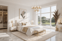 Solaris Élite luxury crystal chandelier installed in an elegant bedroom with modern high-end interior design