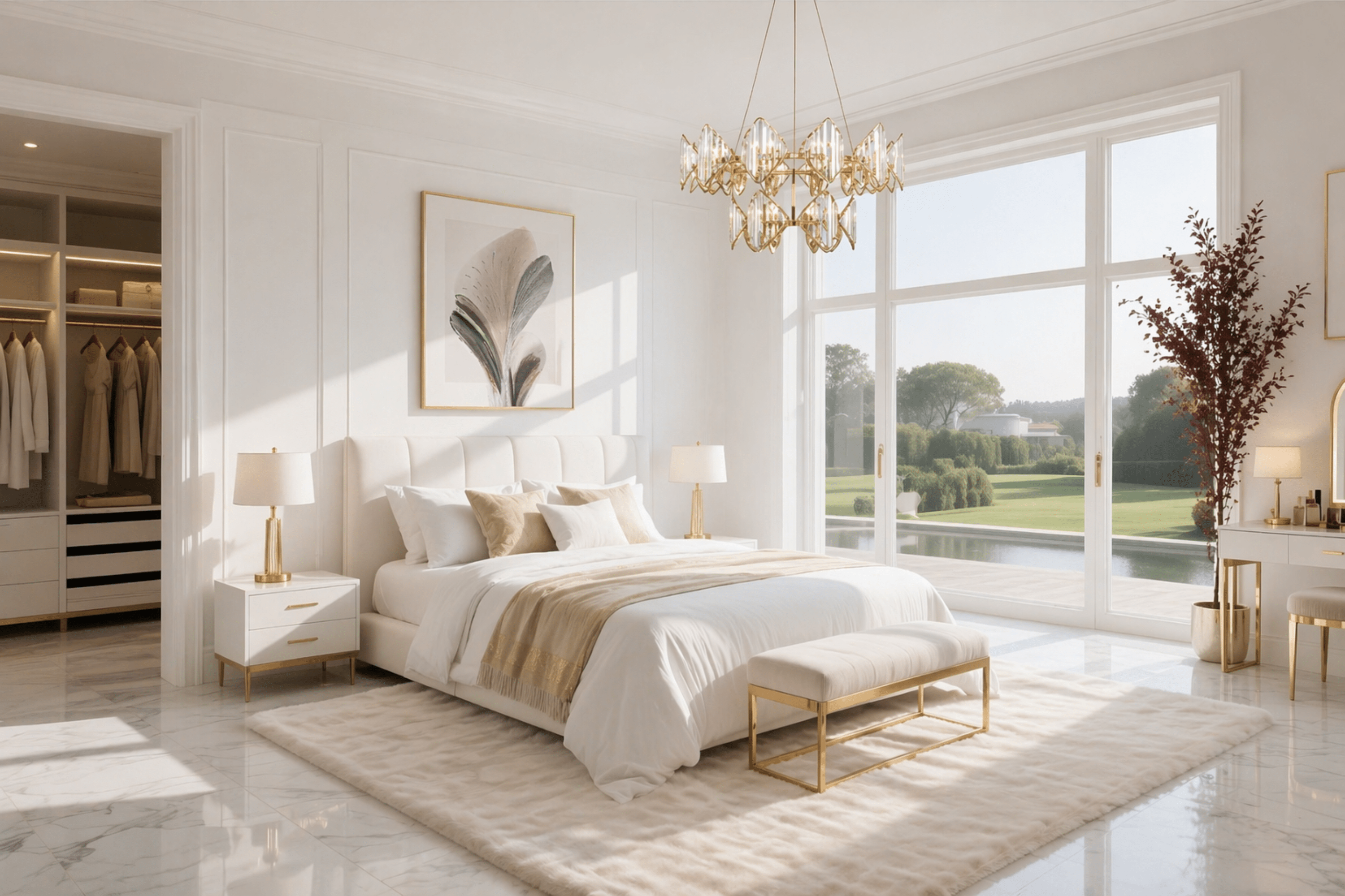 Solaris Élite luxury crystal chandelier installed in an elegant bedroom with modern high-end interior design