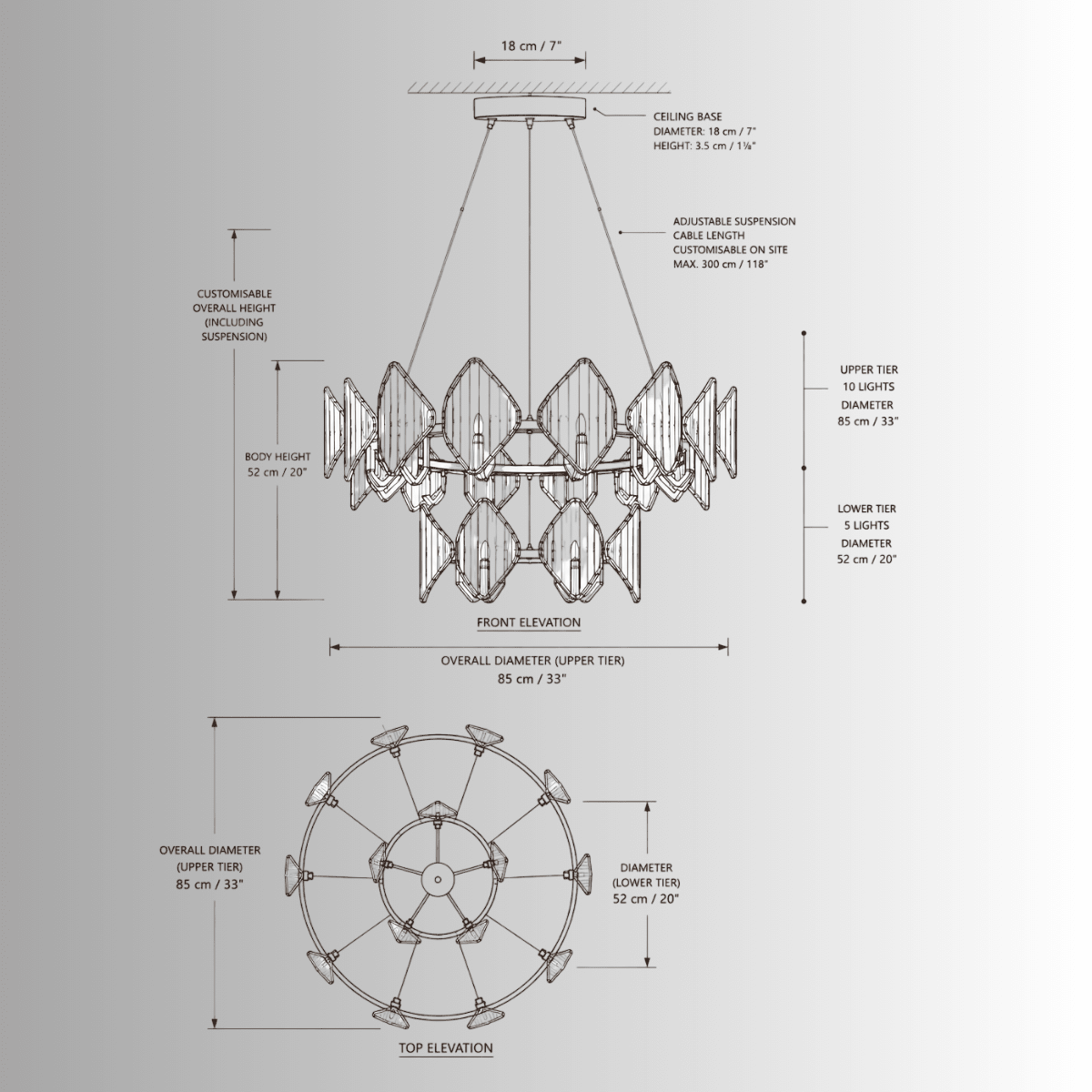 Solaris Élite crystal chandelier CAD drawing, 85cm luxury gold chandelier, technical dimensions and top view