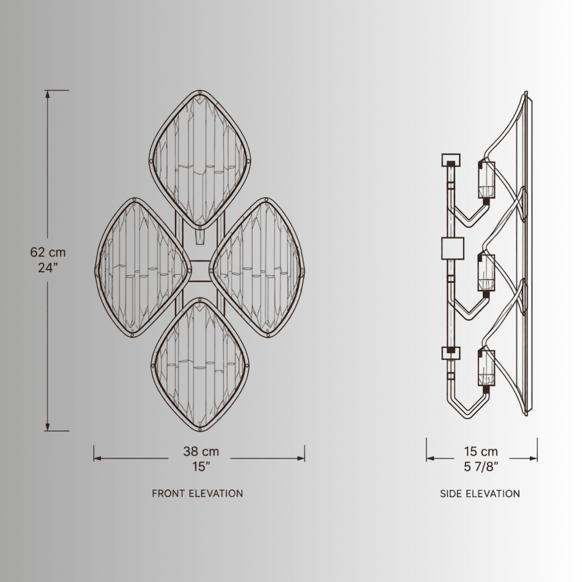 Solaris Ignis crystal wall sconce CAD drawing, luxury gold wall light, front and side elevation views