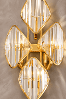 Solaris Ignis crystal wall sconce close-up with faceted crystal prisms and polished gold frame