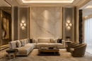 Solaris Ignis crystal wall sconces in a luxury living room with marble walls and architectural lighting