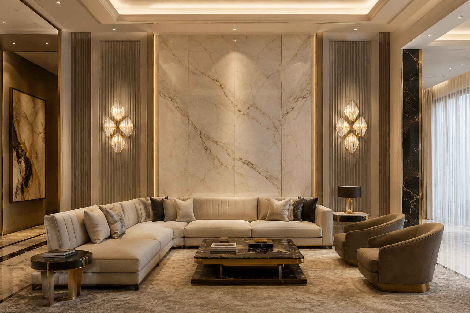 Solaris Ignis crystal wall sconces in a luxury living room with marble walls and architectural lighting