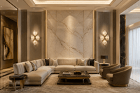 Solaris Ignis crystal wall sconces in a luxury living room with marble walls and architectural lighting