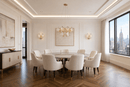 Solaris Iris luxury crystal chandelier in a modern New York dining room with white interior and wood floor