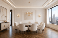 Solaris Iris luxury crystal chandelier in a modern New York dining room with white interior and wood floor