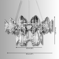 Solaris Iris crystal chandelier dimensions showing 95cm(37") upper tier, 52cm(20") lower tier and 52cm(20") body height