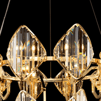 Detail view of Solaris Iris chandelier crystals refracting light through faceted lead-free crystal design