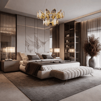 Solaris Iris contemporary crystal chandelier installed in a luxury bedroom interior with refined modern design