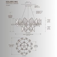 Solaris Iris luxury crystal chandelier CAD technical drawing with front and top elevation, 95cm gold chandelier