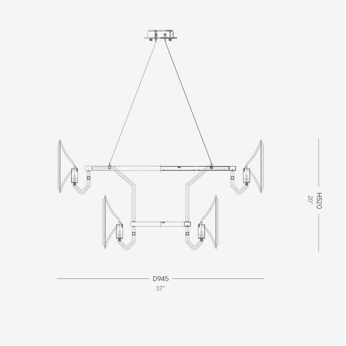 Technical drawing of Solaris Iris contemporary crystal chandelier showing structure, proportions and suspension