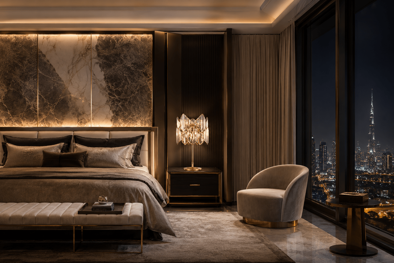 Solaris Lyra crystal table lamp in a luxury Dubai bedroom with gold accents and crystal illumination