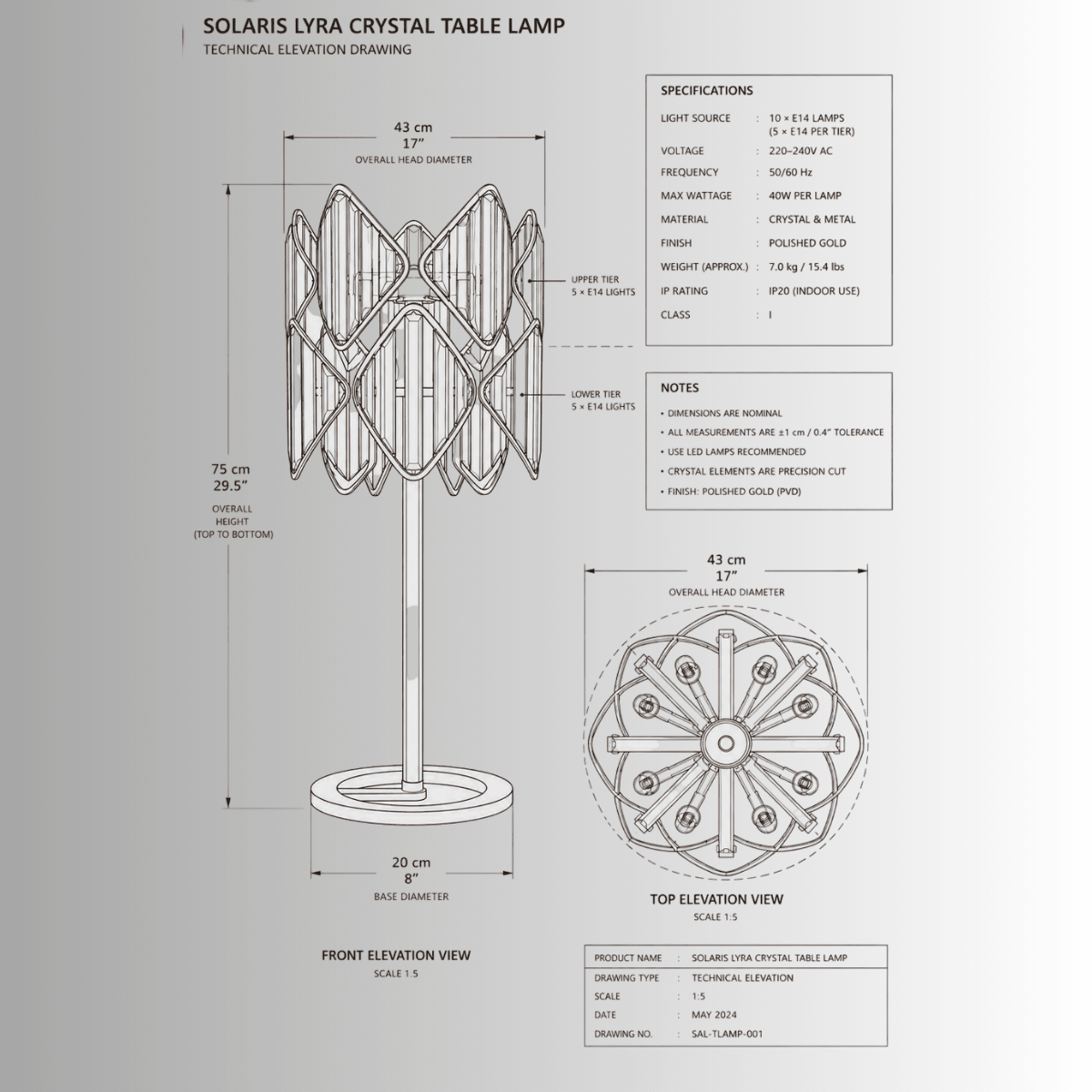 Solaris Lyra crystal table lamp CAD drawing, luxury gold table lamp dimensions and technical specification