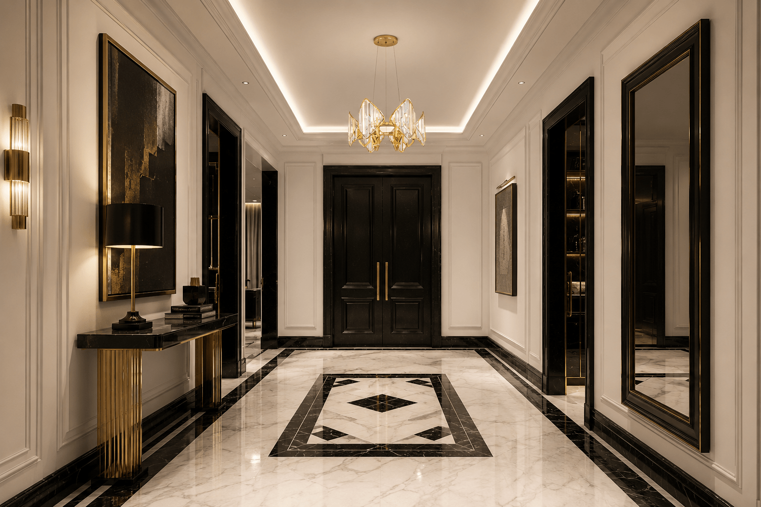 Solaris Mira crystal pendant light in a luxury Chelsea London apartment entrance hall with marble flooring