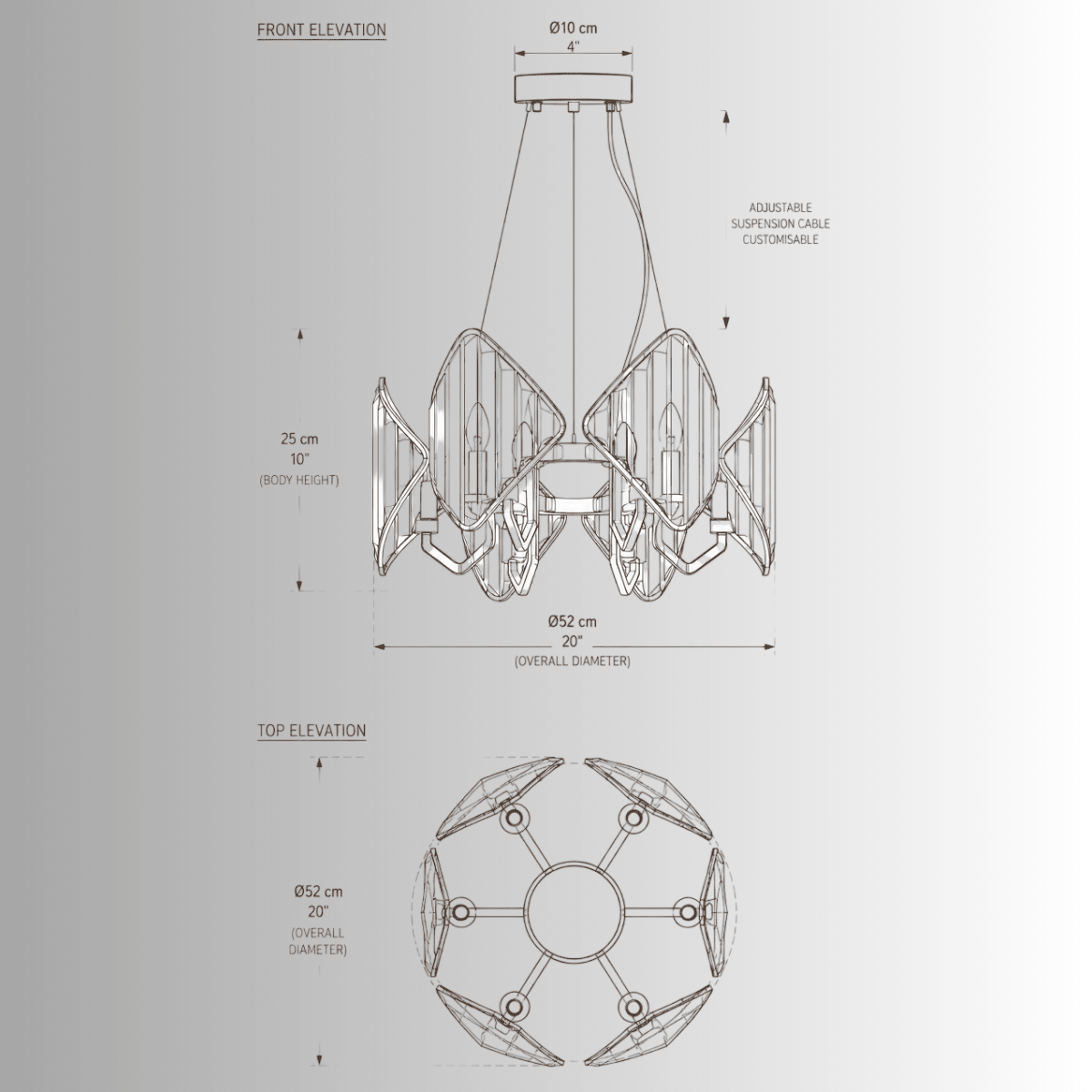 Solaris Mira crystal pendant light CAD drawing, 52cm luxury chandelier technical specification elevation plan