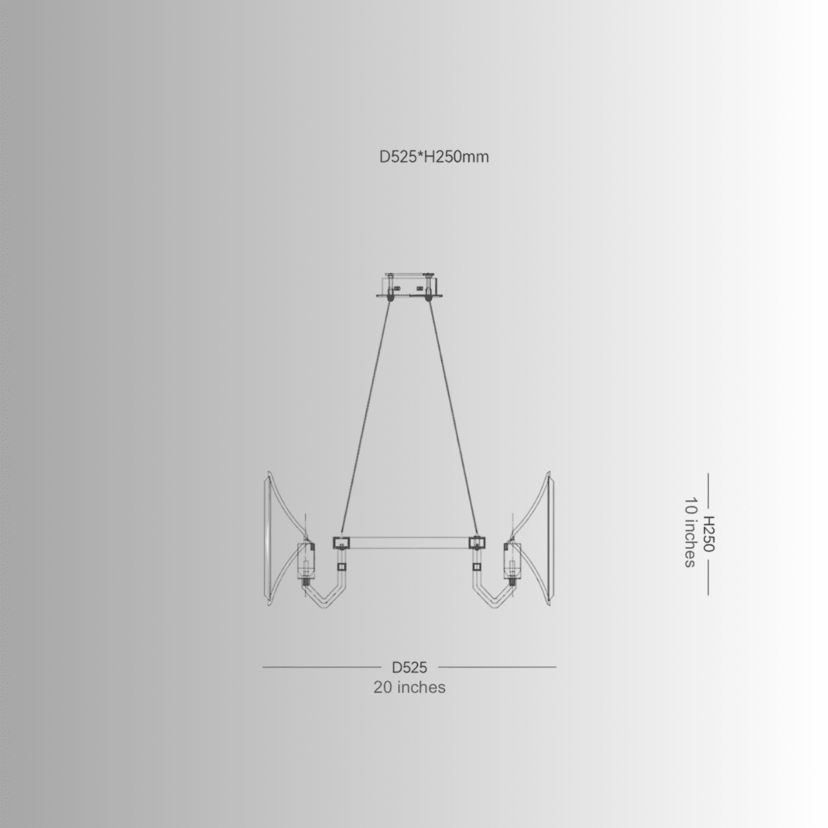 Technical drawing of Solaris Mira pendant showing 52cm diameter and 25cm body height