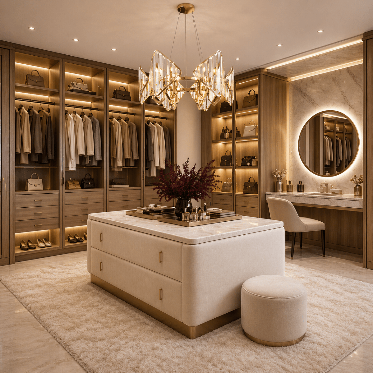 Solaris Mira crystal pendant installed above dressing island in luxury walk-in wardrobe