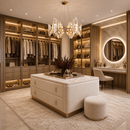 Solaris Mira crystal pendant installed above dressing island in luxury walk-in wardrobe