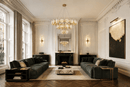 Solaris Mitra luxury crystal chandelier in an elegant Belgravia London living room with high ceilings