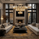 Solaris Mitra chandelier installed in a double-height luxury living room with architectural ceiling