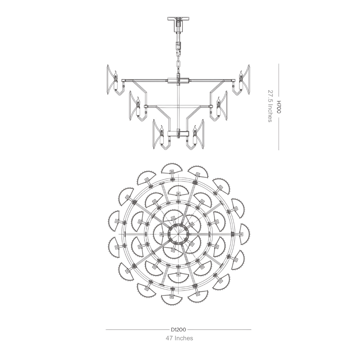 Technical drawing of Solaris Mitra chandelier showing three-tier structure and light distribution