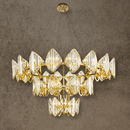 Solaris Mitra architectural crystal chandelier in 18K gold-plated copper with tiered geometric design