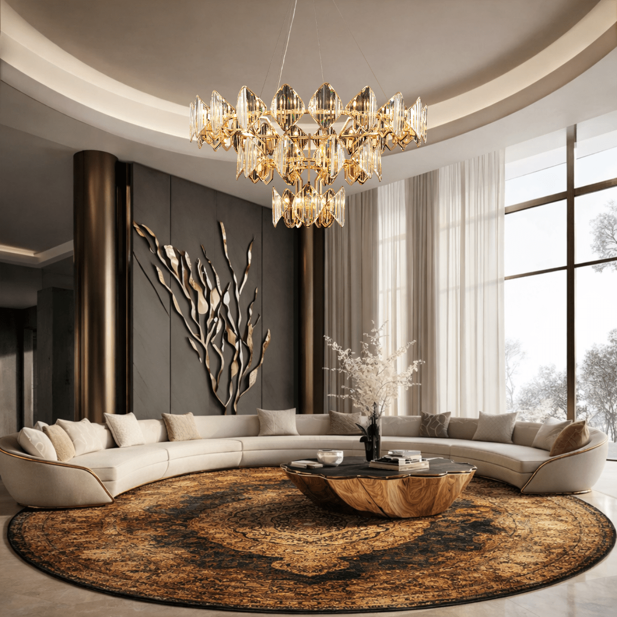 Solaris Mitra luxury crystal chandelier illuminating a contemporary high-end interior with warm brilliance