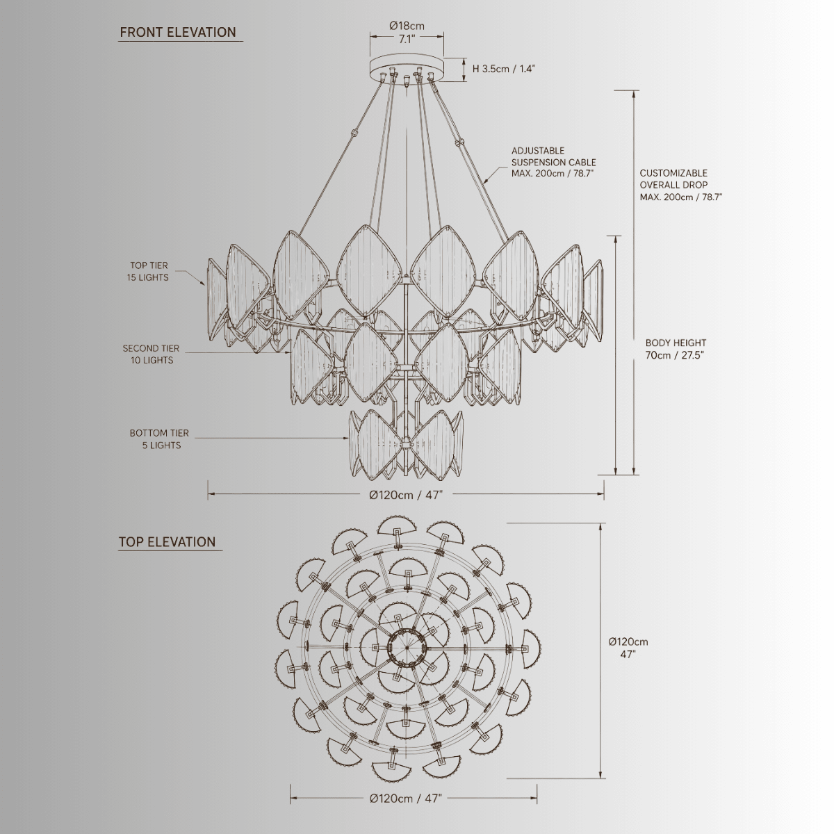 Solaris Mitra luxury crystal chandelier CAD drawing with front and top elevation, 120cm gold finish