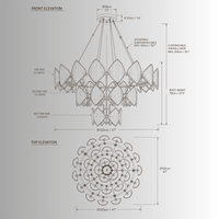 Solaris Mitra luxury crystal chandelier CAD drawing with front and top elevation, 120cm gold finish
