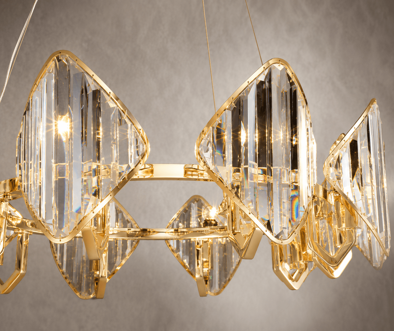Solaris Orion crystal chandelier close-up with A+ crystal prisms and 18K gold-plated frame