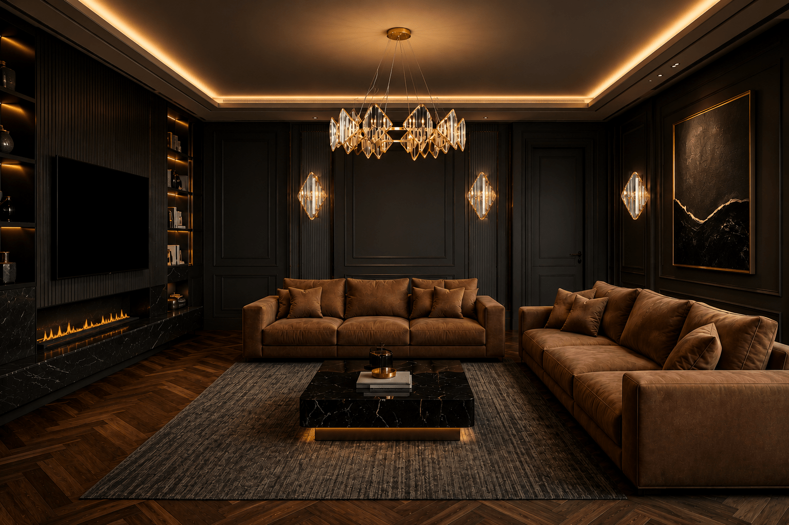 Solaris Orion crystal chandelier in luxury living room in Zurich project with crystal wall sconces and suede sofas