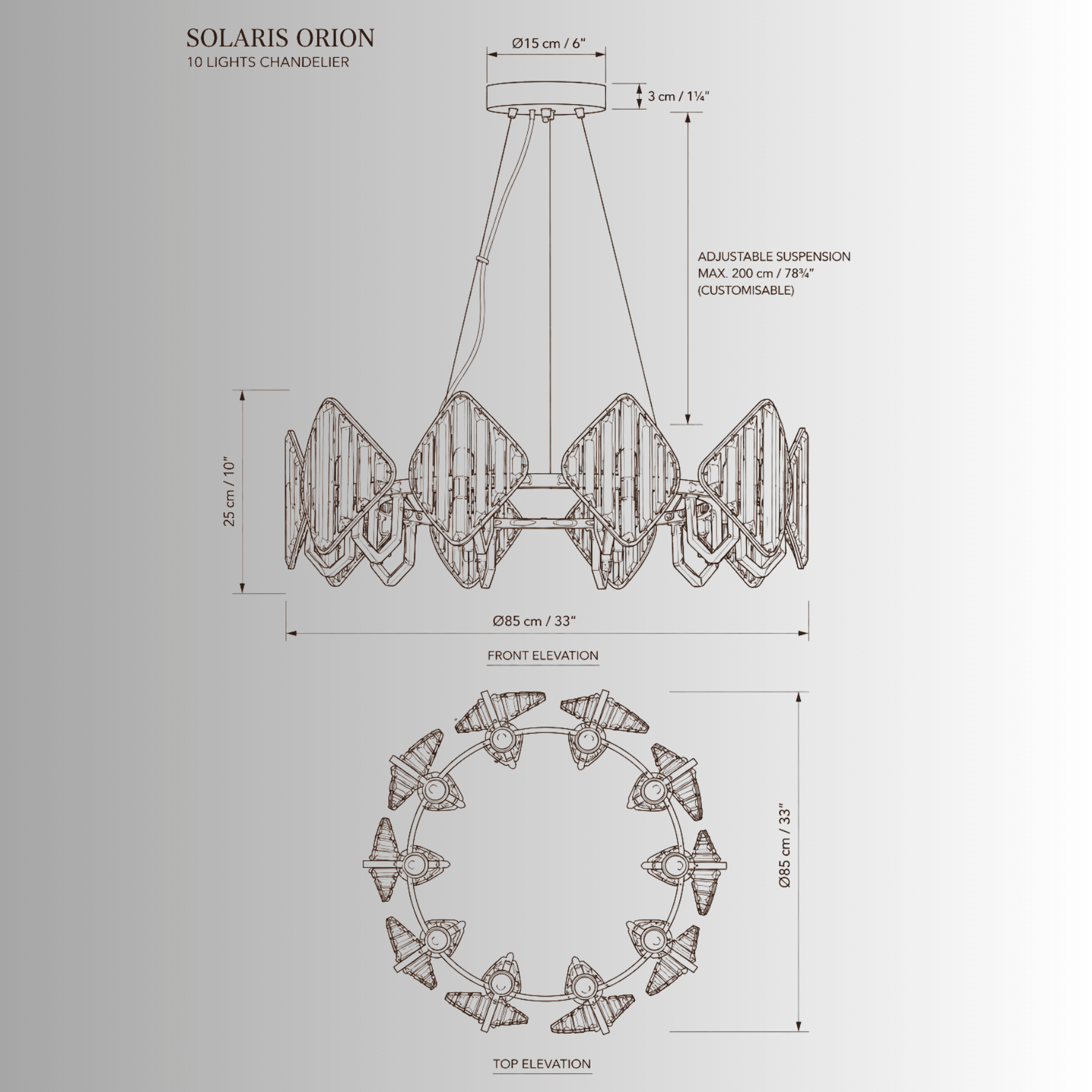 Solaris Orion crystal chandelier CAD drawing, 10-light luxury crystal chandelier, 85cm diameter
