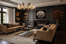 Solaris Orion luxury crystal chandelier installed in contemporary living room with dark panelled walls