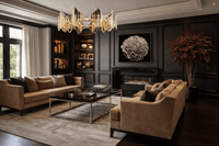 Solaris Orion luxury crystal chandelier installed in contemporary living room with dark panelled walls