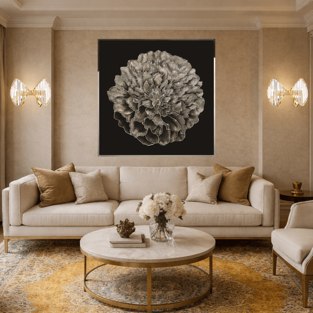 Solaris Vega crystal wall lamps installed symmetrically in luxury living room beside artwork