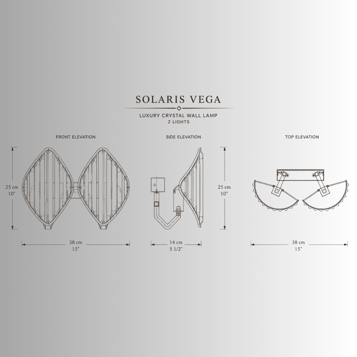 Solaris Vega luxury crystal wall lamp CAD drawing, 2-light gold wall sconce, dimensions and elevations