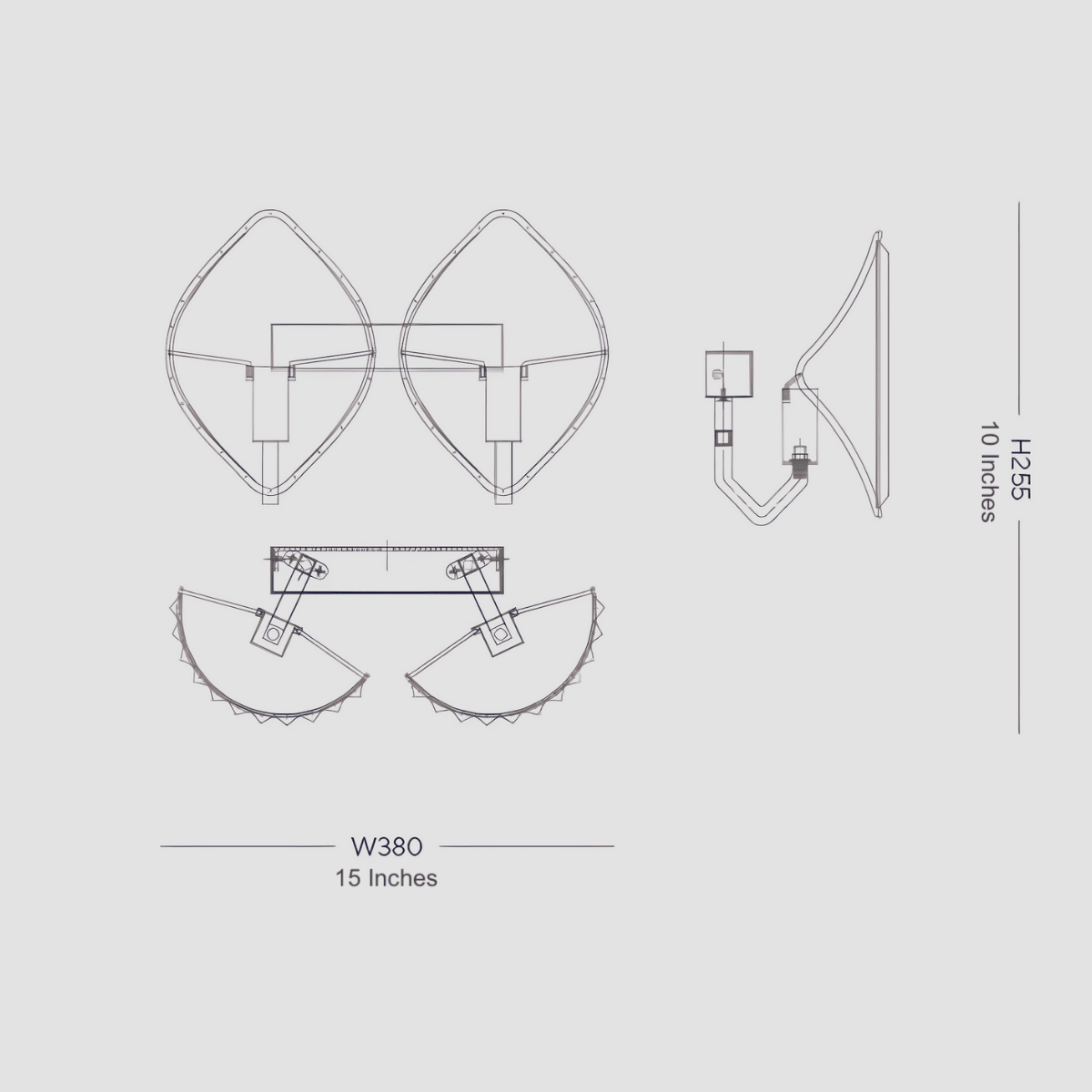 Technical drawing of Solaris Vega wall lamp showing 38cm width, 25cm height and 20cm projection