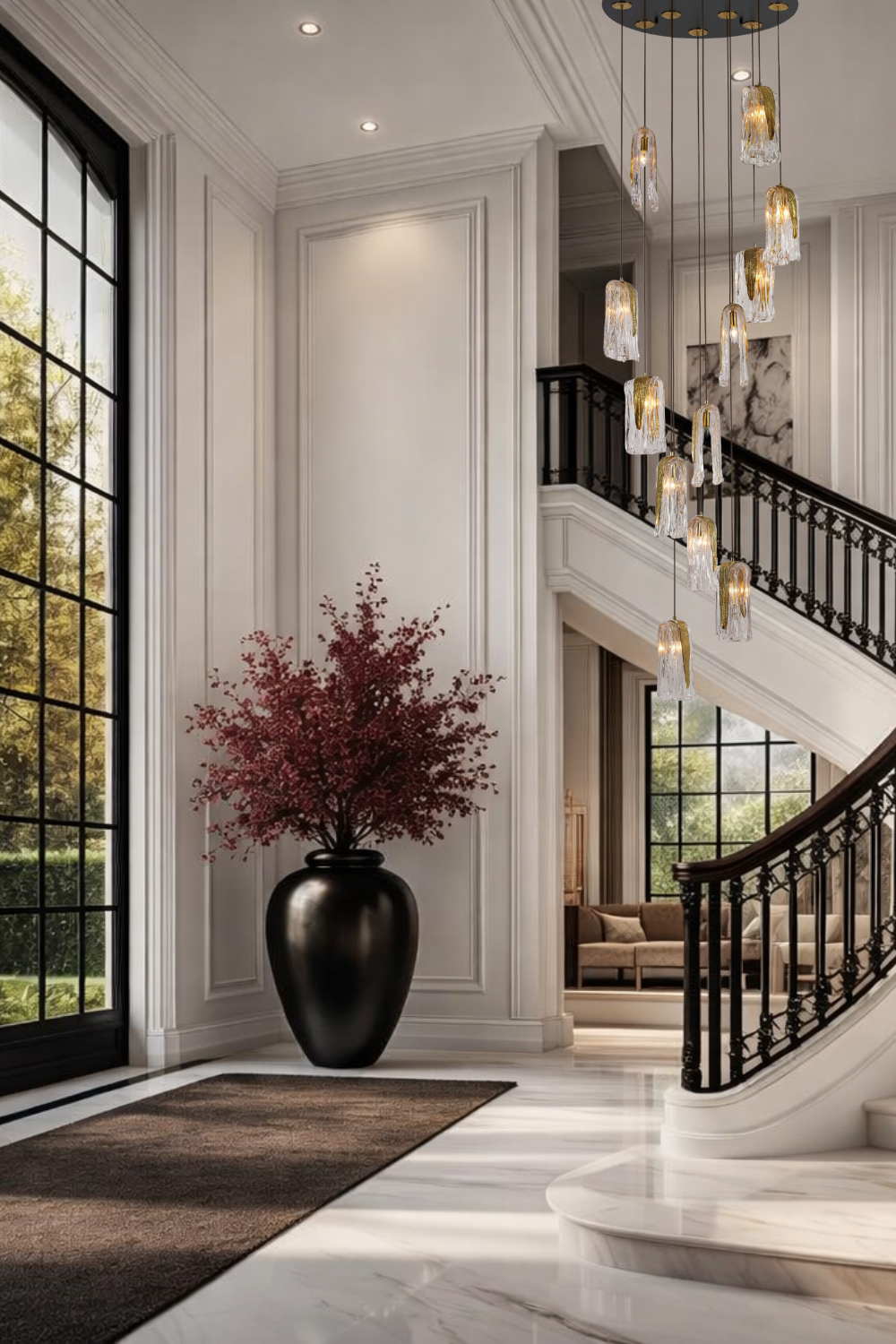 Vertical multi-pendant chandelier installation in luxury staircase with tall windows and marble flooring for double-height interiors.