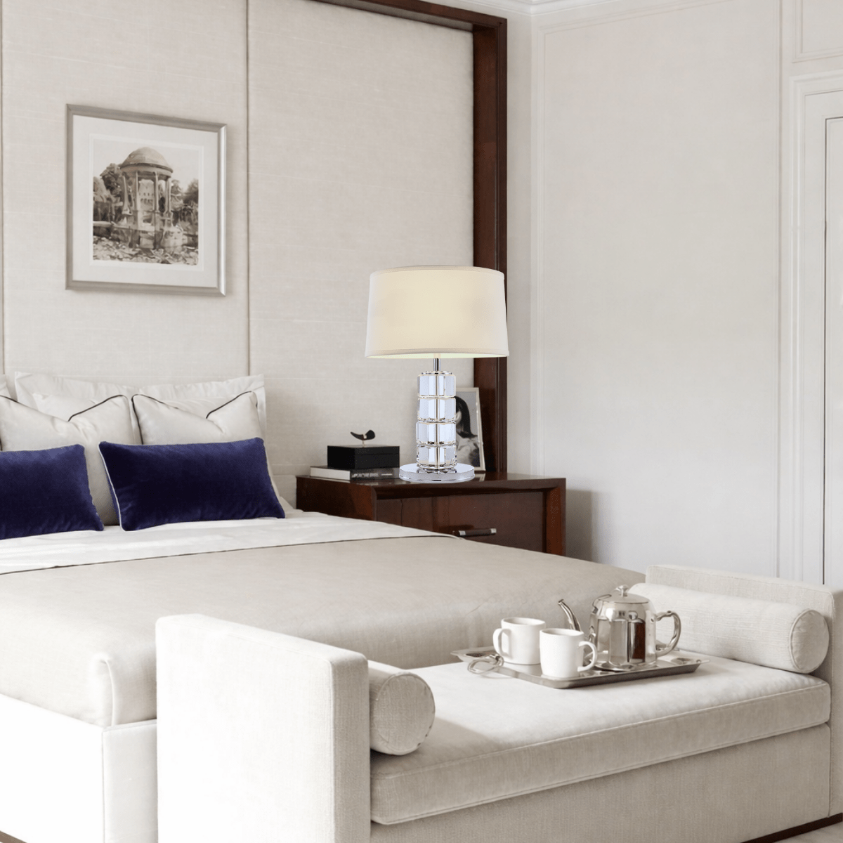 Valenne crystal table lamp styled on bedside table in luxury bedroom interior showcasing ambient lighting for upscale homes.