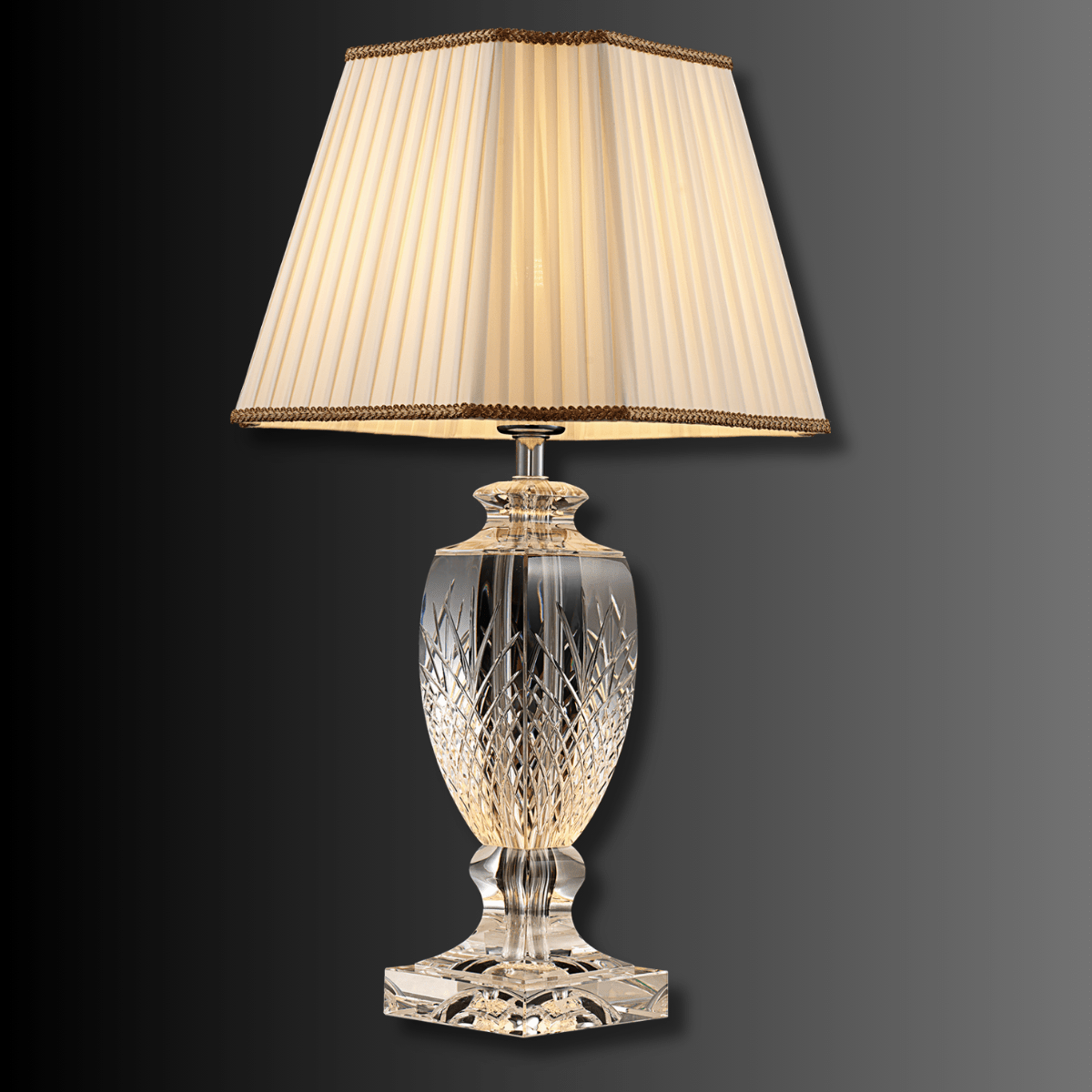 High-end crystal table lamp featuring A+ lead-free crystal, premium copper base and elegant fabric shade.