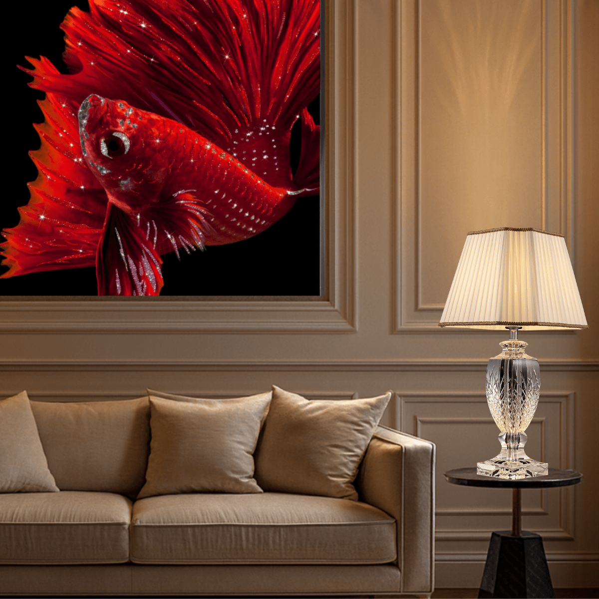 Luxury crystal table lamp styled in a high-end living room interior as an elegant statement lighting piece.