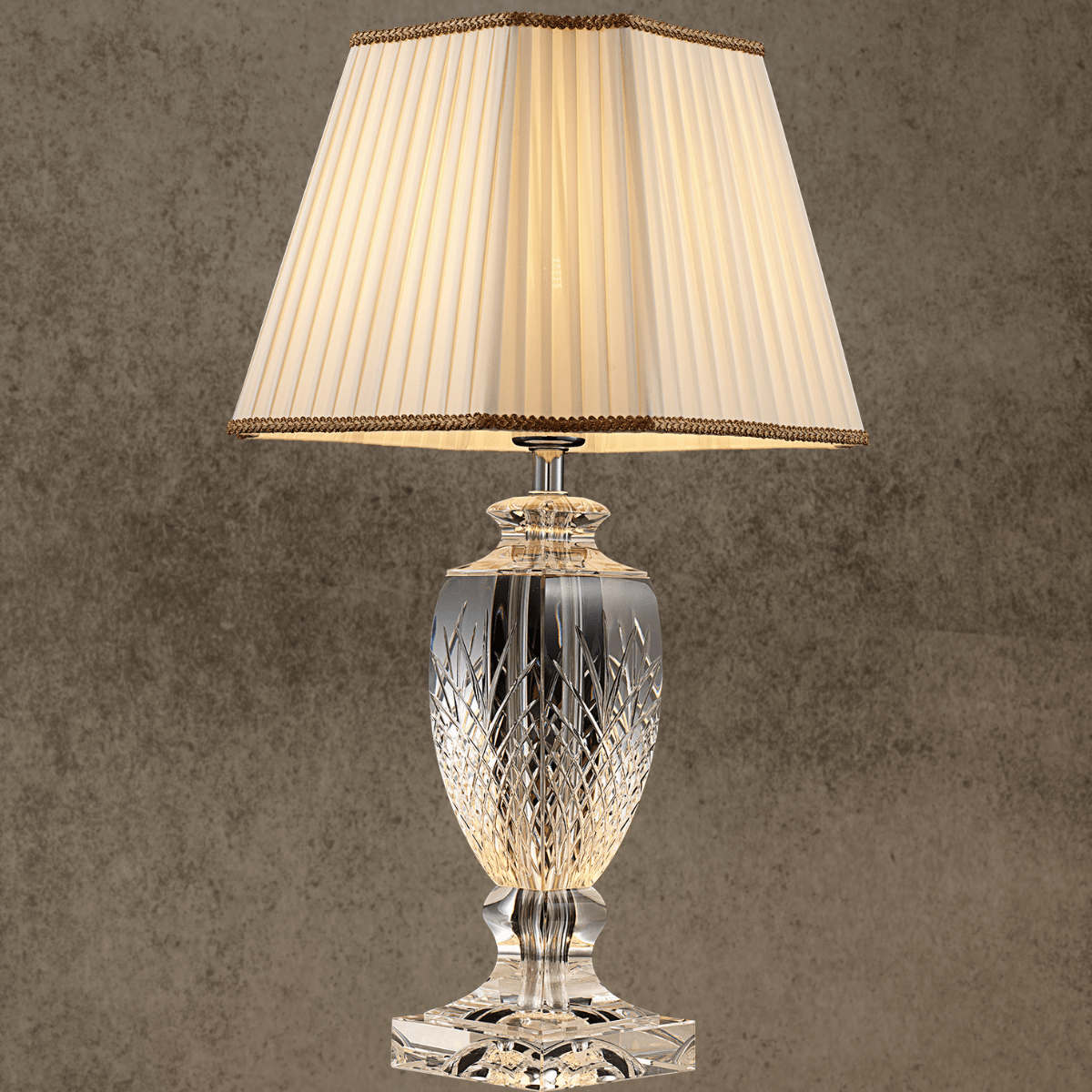 Luxury crystal table lamp with hand-cut lead-free crystal body, copper base and pleated fabric shade