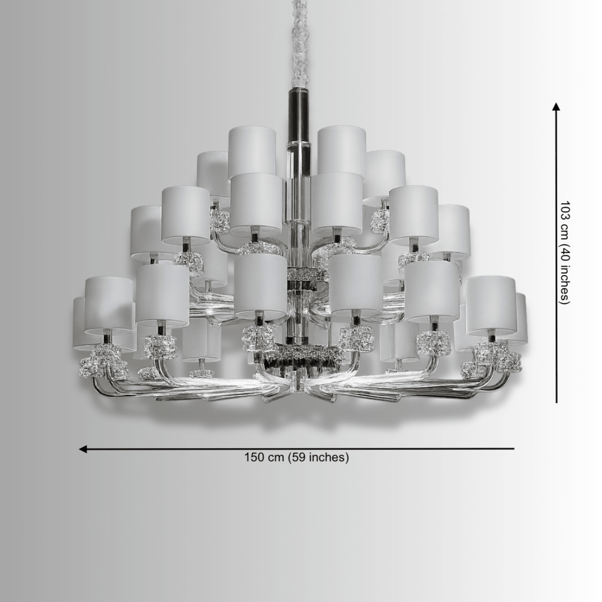 Varella chandelier dimensions showing 150cm diameter and 103cm height for large-scale interior lighting