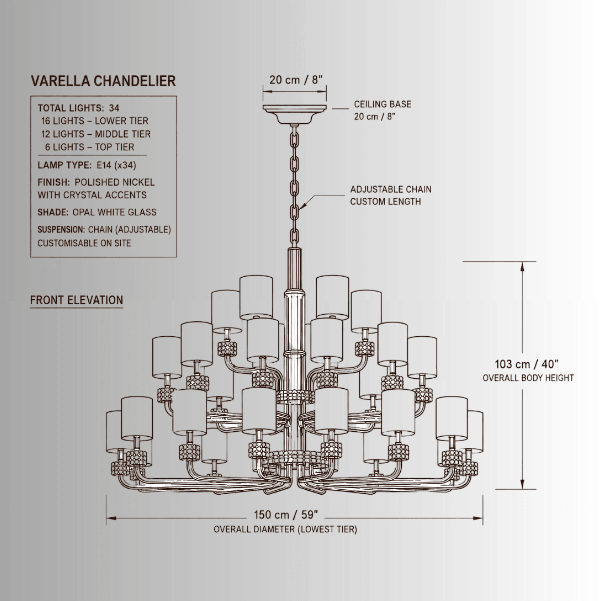 Varella Grand Crystal Chandelier technical CAD drawing with front elevation, dimensions and 34-light configuration