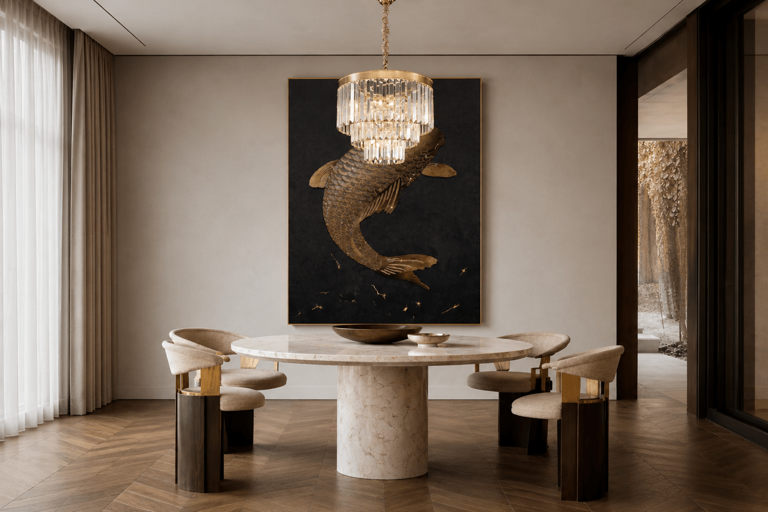 Vendôme Bijou crystal chandelier above a round dining table in a contemporary luxury dining room.